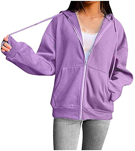 Felpa con cappuccio da donna, con chiusura lampo, sottile, in cotone, con cappuccio, tinta unita, con cappuccio, per primavera, autunno, felpa con cappuccio, Lilla, L