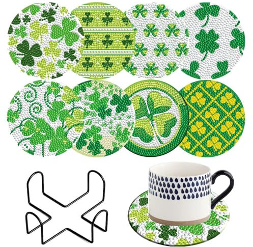 Diamond Painting Untersetzer Mit Halter, 5D Diamond Painting Coaster 8 Stück, Diamant Tassenuntersetzer, DIY Diamant Kunst Untersetzer mit Halter, für Tassen, Weingläser, Kleeblattmotiv