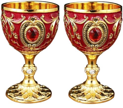 Cndiyald Vintage Goblets, Wine Goblet Set of 2, Wine Glasses Goblets, Gold Jeweled Goblet, Royal Wine Cups Gold + Red, Vintage Water Glasses, Drink Glasses for Party