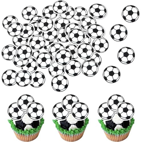 Xsstarmi 48 Pack Edible Soccer Ball Cupcake Toppers Sports Theme Football Cupcake Picks Edible Soccer Cake Decorations for Baby Shower Theme Soccer Ball Kids Birthday Party Decorations