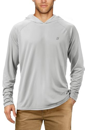 Roadbox Men's Sun Protection Swim Hoodie Long Sleeve, Quick Dry Fishing Shirts Lightweight, UV SPF 50+ Breathable Running Tops for Gym Sports Hiking Grey