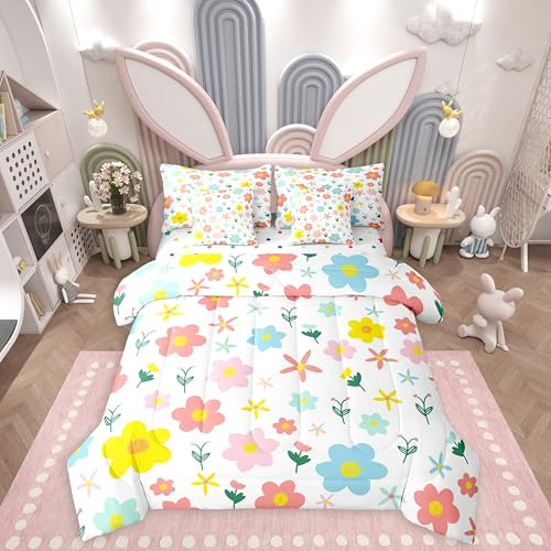Erosebridal Cute Flower 7 Pcs Bedding Set Full Size,Kawaii Cartoon Floral Bed in a Bag,Colorful Flower Bed Set Includes Comforter,Sheet Set,Pillowcases & Pillow Covers,Red Yellow Blue Bedroom Decor