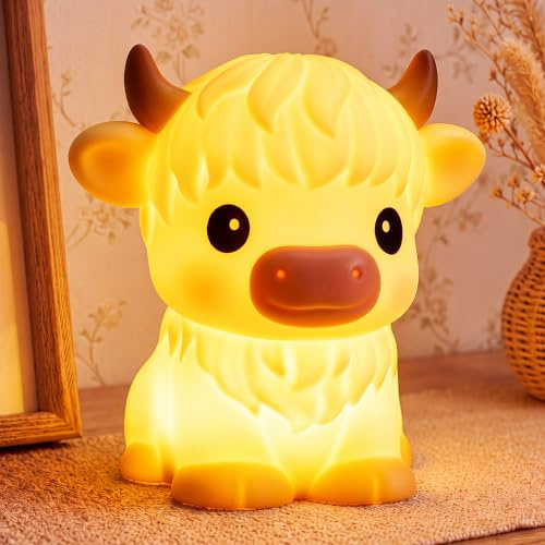 Mewaii Highland Cow Nachtlicht Kinder, wiederaufladbar, Weiches Silikon | Süßes Highland Cow Design, 30-Min.-Timer, 3 Dimmstufen, 4 weiße Rauschgeräusche, Geschenk für Jungen und Mädchen
