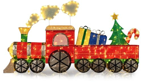 FANTASK 215 cm Weihnachtszug beleuchtet, leuchtender Deko-Zug mit 330 LED-Lichtern, Rauch,Weihnachtsbaum & Zuckerstange, Weihnachtsdeko für Innen & Außen