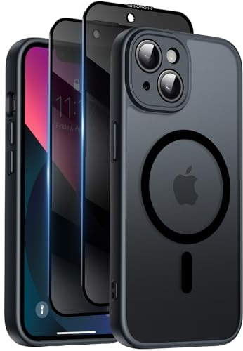 Qasyfanc for iPhone 13 Case, Privacy Screen Protectors X2, Black | Compatible with MagSafe, Camera Protection, 15FT Military Drop Protection, Translucent Matte Shockproof Phone Cover