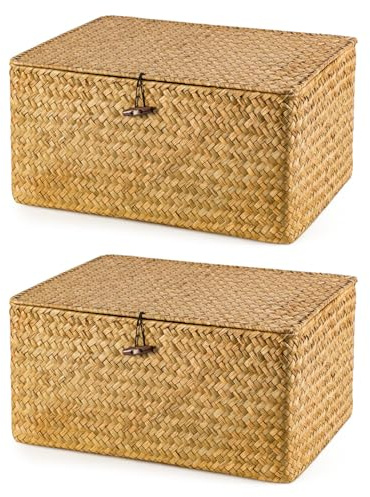 SUNNYNEST Storage Boxes with Lids 40x28x19cm Seagrass Storage Basket with Lid Woven Wicker Desktop Basket Gift Hamper for Living Room Decorative Bathroom (2-Caramel)