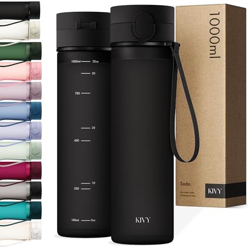 KIVY Tritan Botella de Agua 1L [IRROMPIBLE] - Water Bottle Sin BPA para Gimnasio, Gym & Deporte - Garrafa Reutilizable de Plástico Apto Lavavajillas - Cantimplora Deportiva, Oficina y Escuela - Negro