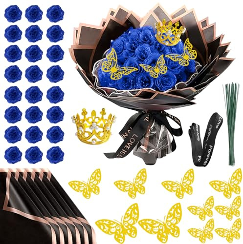 Glitzer-Rosenstrauß, Valentinstag, 24 Stück künstliche Rosensträuße, DIY künstliche Glitzer-Blumensträuße mit Krone für Geschenke, Hochzeit, Jahrestag, Verlobung, Geburtstag, Muttertag (Dunkelblau)