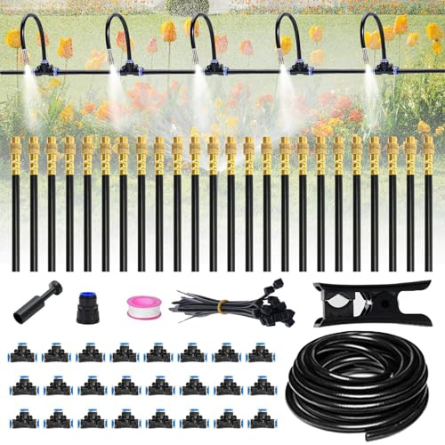 30M Bewässerungsnebelsystem, 360° Sprühnebel Kühlung Bewässerungs System mit 24 Directional Brass Spray Nozzles und 3/4 Adapter, Outdoor Misting System Nebel-Kühlsystem für Terrasse, Garten