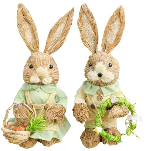 Générique Lot de 2 Figurines de Lapin en Paille de Pâques - 35 cm Statues de Couple de Lapin de Printemps pour Décoration de Table de Jardin et Décoration de Fête en Plein Air
