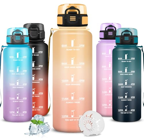 Mujigaga Trinkflasche Sport, Trinkflasche 1 5 liter, Auslaufsicher, Wasserflasche mit Zeitmarkierung, Leicht zu Reinigen, mit Filte, Wasserflasche für Wandern, Yoga, Klettern, Triathlon, Fitness