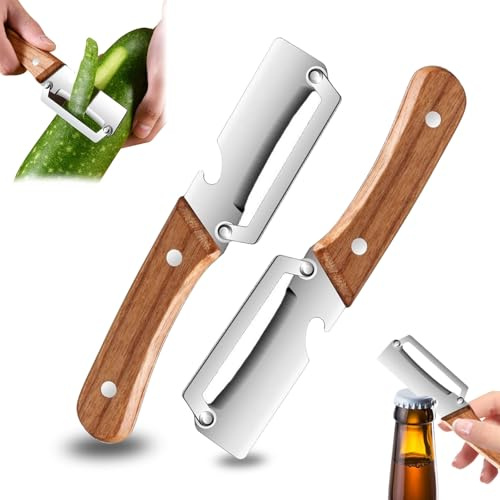 VETIXLO 2pcs Pelador Verduras Multifuncional, Pelador de Patatas de Acero Inoxidable con Mango de Madera, Pelador 2 en 1 con Abridor de Botellas, para Patatas, Frutas y Verduras