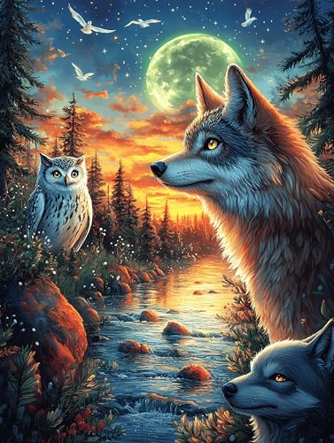 Wolf und Eule im mondbeschienenen Wald 500 Teile Puzzle Für Erwachsene Langanhaltend Wildtiere Haustier Tolle Deko Für Wohn- Und Gästezimmer Zum Einrahmen Nach Fertigstellung Aus Karton 500 PCS
