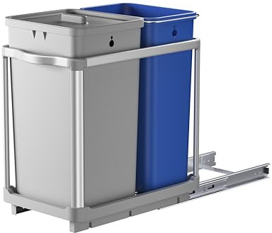 EKO EK9936 Poubelle de Cuisine 34 L + 24 L Extractible Gris | Recyclable, amovible, fermeture douce, poignée, anneau porte-sac, design compact