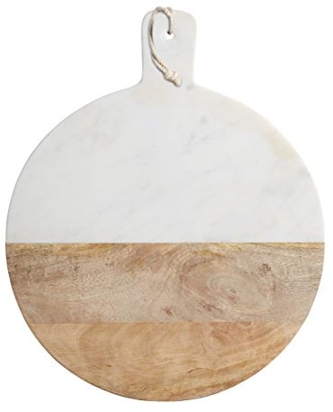 Planche à découper et plateau de service 2 en 1 MasterClass, planche à découper en bois et plateau de service en marbre blanc, rond avec poignée et corde pour suspendre, diamètre de 40 cm, 50 cm avec la poignée, 1 pièce