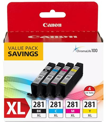 Canon CLI-281 XL Genuine BKCMY Four Color Value Pack, Compatible with TR8520, TS9120,TS8120, TS6120, TS9521C/a, TS9520/a, TS8220, TS6220, TS8320, TS6320, TS702/a, and TR8620/a Series Printers