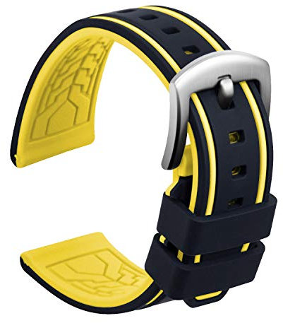 ULLCHRO Bracelet Montre Remplacer Silicone Bracelet Montre Bicolore - 20, 22, 24, 26mm Caoutchouc Montre Bracelet avec Acier Inoxydable Boucle Argent (22mm, Noir et Jaune)