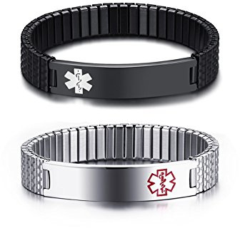 VNOX 2 Stück Medical Alert Armband Benutzerdefinierte Edelstahl Einstellbare Stretch Medical ID Armband Sos ICE Personalisierte Gravur für Männer Frauen,Silber Schwarz