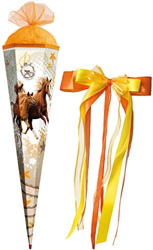 Schultüte - Pferde - Fohlen & Stute im Galopp - 22 cm - rund - incl. große Schleife - mit Tüllabschluß - Zuckertüte - mit/ohne Holzspitze - Roth - Schul..
