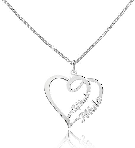Bo&Pao Namenskette Herz 925 Sterling Silber mit Zwei Wunschnamen, individuelle Silber - Rosegold -Gold Kette mit Namen Herzanhänger