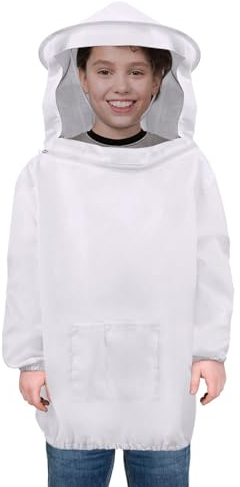 Flexzion Chaqueta de apicultura de primera calidad con velo protector y capucha para niños principiantes, comerciales y apicultor profesional, para niños, talla L, color blanco