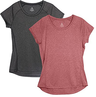 icyzone Damen Fitness Sport T-Shirt Kurzarm Laufshirt Gym Training Funktion Shirt, 2er-Pack (L, Schwarz/Weinrot)