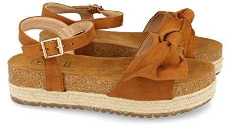 Sandalia de Plataforma para Mujer, Comodas, Forrado de Yute, Lazo en Pala, y Cierre de Hebilla, Primavera Verano 2021. Talla 38 Camel