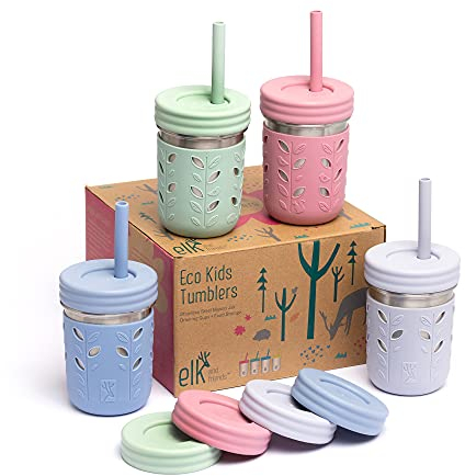 Elk and Friends 10oz Stainless Steel Kids + Toddler Drinking Cups | The Original Mason Jars with Lids + Sleeves + Straws | Smoothie Cups | Spill Resistant | Dishwasher Safe | 4 Pack