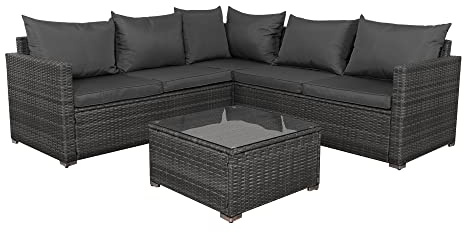 Panana 5 Seater Rattan Garden Furniture Corner Sofa Set with Coffee Table, Outdoor Patio Lounge Set with Cushions & Free Cover for Garden, Conservatory, Terrace (Mixed Grey Rattan with Grey Cushions)