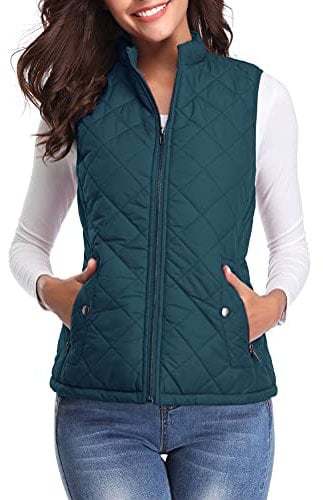 fuinloth Women's Quilted Gilet, Lightweight Body Warmer Padded Outdoor Vest Sleeveless Jacket Forest Green Medium