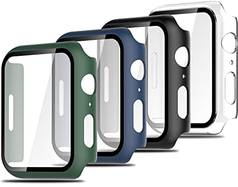 Simpeak 4 Pezzi Cover Compatibile con Apple Watch Series 9/8/7 45mm, Custodia Caso con Vetro Temperato HD Pellicola Protettiva per iWatch, Anti-Graffio, Full Protezione, Trasparente, Nero, Blu, Verde