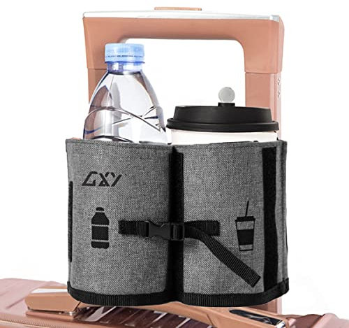 GOXUNYUAN Luggage Travel Cup Holder, Drink Caddy Bag Hold Two Coffee Mugs Fits Roll on All Suitcase Handles Portable Universal Traveler Accessory for Men Women Grey