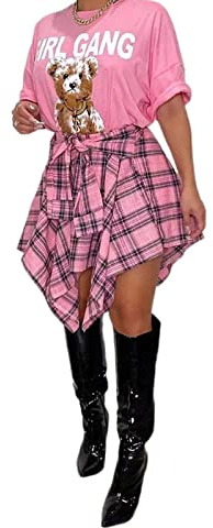 Gonna scozzese con orlo irregolare svasata gonna corta con nodo scozzese anteriore asimmetrico orlo a trapezio mini gonna corta a pieghe, rosa, M