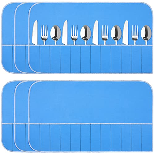 6 Pieces Silver Storage Bags Silver Storage Cloth Anti Tarnish Silver Protector Bags Blue Holder for Silverware Flatware Storage Organizer Place Setting Roll with White Ribbon for Kitchen Utensils