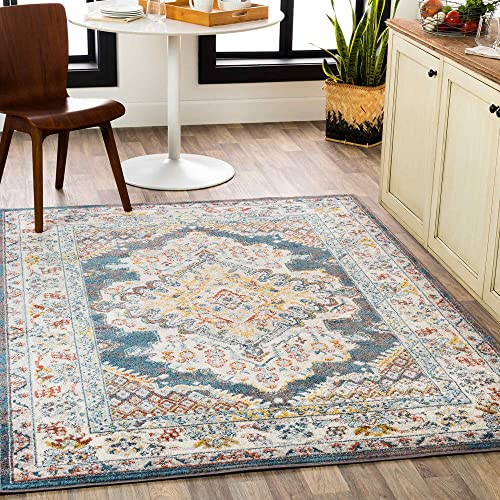 Surya Casablanca Vintage Teppich groß - Teppich Wohnzimmer 200x275 cm, Esszimmer, Schlafzimmer - Orientalischer Teppich Boho Style - Carpet Living Room, Bunter Muster, Braun und Blau