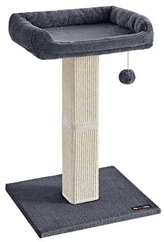 FEANDREA Rascador para Gatos, Poste de Rascado con Plataforma de Tela de Felpa de 40 x 30 cm, Árbol para Gatos, Altura de 68 cm, Poste de Sisal, con Pompón, Gris Oscuro PCA022G01