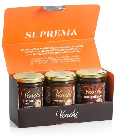 Venchi - Kit Degustazione di 3 Creme Spalmabili, Latte e Nocciole, Fondente e Nocciole, Nougatine, 600 gr, con Nocciola Piemonte IGP, Senza Glutine, Senza Coloranti e Senza Conservanti