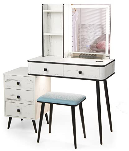RELAX4LIFE Dressing Table and Stool Set, Vanity Desk Set with 5 Drawers, Storage Shelves, 3-Color LED Lights & Charging Function, Makeup Dresser Desk Bedroom Furniture (White, Rectangular Mirror)