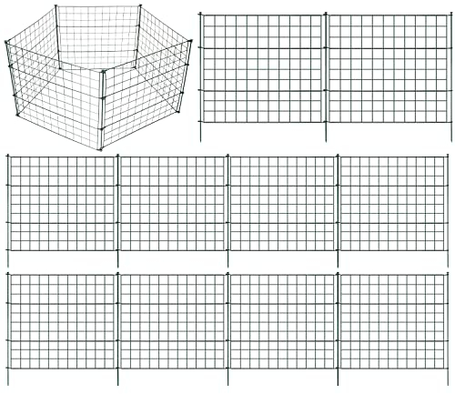 Sonnewelt Teichzaun Steckzaun Gartenzaun Metall Zaunelemente zaun garten Gartenzaun Tiergehege Freigehege zaun für hunde- 10 Zaunelemente 12 Befestigungsstäbe (Grün, Gerade)