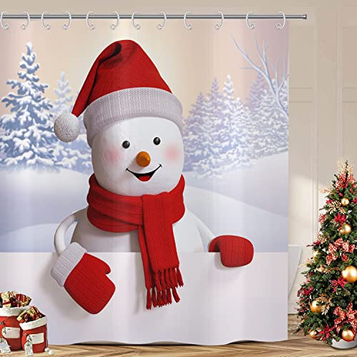 ASDCXZ Cortina de Ducha navideña 180x200 cm, Lindo Gorro Rojo muñeco de Nieve Esquí Paisaje nevado Cortinas de Ducha Lavables Tela de Cortina Ducha Impermeable con 12 Ganchos