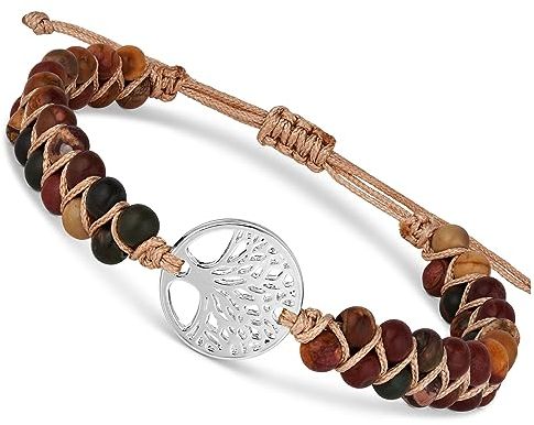 BENAVA Damen Yoga Armband Jaspis Edelstein Perlen mit Lebensbaum Anhänger Bunt | Edelstein Armband Meditation | 16-24 cm