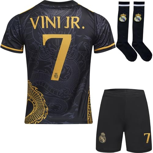 BlackAzat 2023/2024 Madrid #7 Vini Jr. Vinicius Kinder Trikot Fußball Spezielle Golddrachen-Edition, Shorts Socken Jugendgrößen (Schwarz,26)