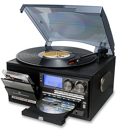 LoopTone - Giradischi in vinile 10 in 1, 3 velocità, Bluetooth, giradischi CD, radio AM/FM, registratore USB, ingresso AUX, uscita linea RCA, nero e grigio