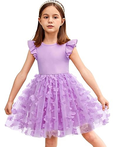 Arshiner Vestito da Bambina Farfalla in Tulle con Maniche Volanti - Abito Estivo da Principessa per Compleanno e Sposa - Ragazza di Fiore Viola 5-6 Anni