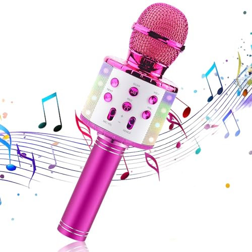 Karaoke Microphone for kids,4 in 1 Karaoke Bluetooth Microphone for Kids Adults,Toy Karaoke Mic Speaker Machine with Dancing LED Lights, Home KTV Player Compatible with Android & iOS Devices(Pink)