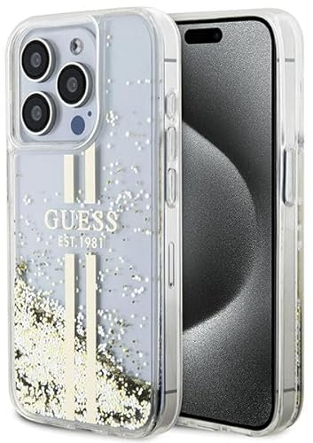 Guess GUHCP15XLFCSEGT Case for iPhone 15 Pro Max 6.7 Inch Transparent Hard Case Liquid Glitter Gold Stripes