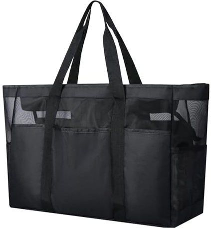 Strandtasche Große Mesh Strandtasche Sommer Schwarz Schultertasche XXL Badetasche Damen Faltbare Beach Bag Shopper mit Taschen und Reißverschluss für Strand Urlaub Reise Einkaufen Fitnessstudio
