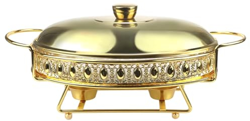 Chafing Dish Buffetwärmer-Set, ovales Chafer Dish-Set aus Edelstahl, Speisenwärmer mit Lebensmittelpfanne aus Glas, Brennstoffhalter, Deckel for Partys, Hochzeiten, Bankette im Freien (Gold 2 l)