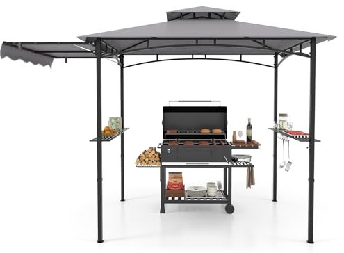 COSTWAY Cenador de Barbacoa 318 X 153 Cm, Techo Lateral, Carpa Barbacoa 2 Estantes Laterales y Parte Superior de 2 Niveles, Estructura Metal, Pergolas de Jardin Exterior (Gris)