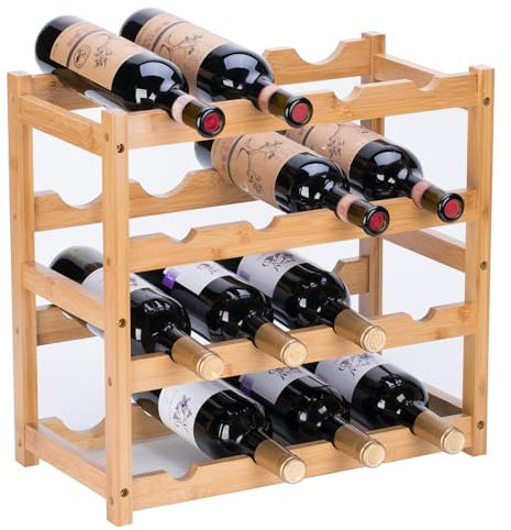 YunNasi Weinregal, Klein Flaschenregal Lagerung Halter, Natürliche Flaschenhalter aus Bambus, Wein Flaschen Regal für Küche Countertop Keller Bar Schrank (4 Etagen-16 Flaschen)